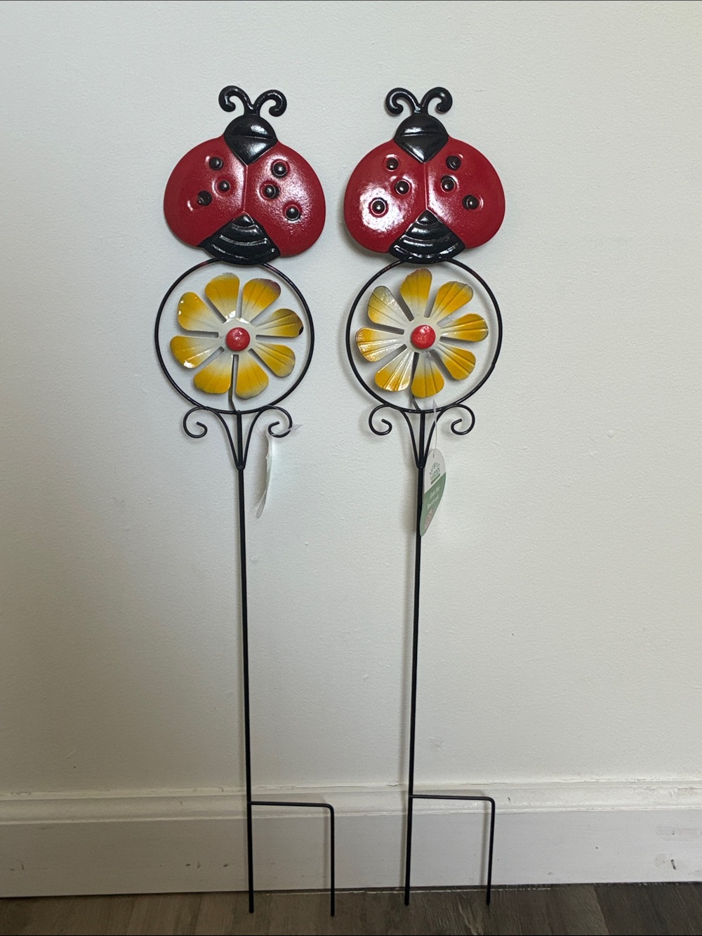 NWT- Set of 2- Red Ladybug Metal Yard Stakes with Yellow Flower Pinwheels